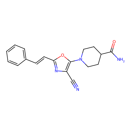 1-{4-cyano-2-[(E)-2-phenylethenyl]-1,3-oxazol-5-yl}piperidine-4-carboxamide structure