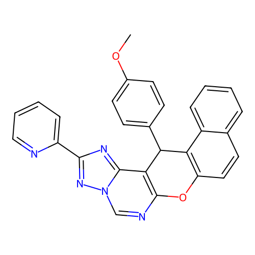 14-(4-methoxyphenyl)-2-(pyridin-2-yl)-14H-benzo[5,6]chromeno[3,2-e][1,2,4]triazolo[1,5-c]pyrimidine structure