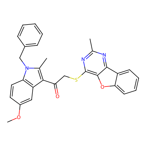 1-(1-benzyl-5-methoxy-2-methyl-1H-indol-3-yl)-2-((2-methylbenzofuro[3,2-d]pyrimidin-4-yl)thio)ethanone structure