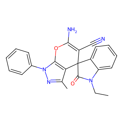 6'-amino-1-ethyl-3'-methyl-2-oxo-1'-phenyl-1,2-dihydro-1'H-spiro[indole-3,4'-pyrano[2,3-c]pyrazole]-5'-carbonitrile structure