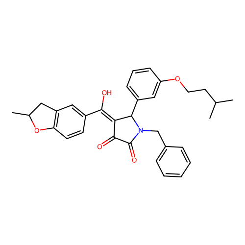 (4E)-1-benzyl-4-[hydroxy(2-methyl-2,3-dihydro-1-benzofuran-5-yl)methylidene]-5-[3-(3-methylbutoxy)phenyl]pyrrolidine-2,3-dione structure