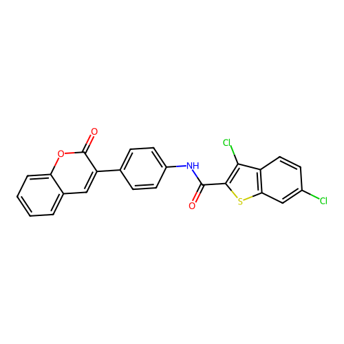 3,6-dichloro-N-[4-(2-oxo-2H-chromen-3-yl)phenyl]-1-benzothiophene-2-carboxamide structure