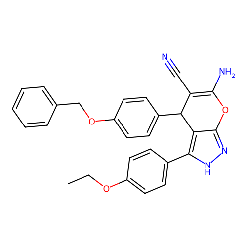6-amino-3-(4-ethoxyphenyl)-4-(4-phenylmethoxyphenyl)-2,4-dihydropyrano[2,3-c]pyrazole-5-carbonitrile structure