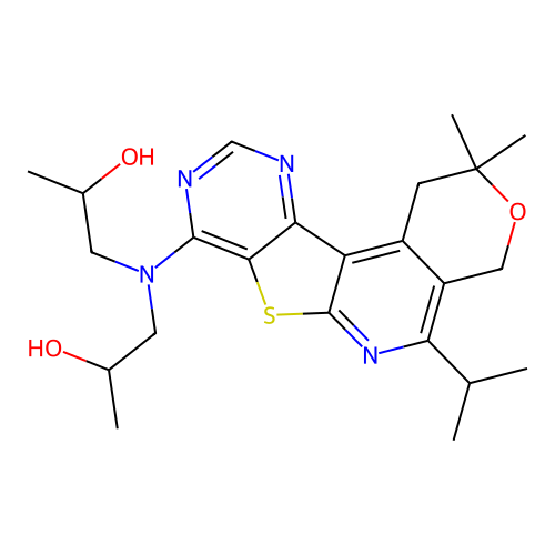 1,1'-((5-isopropyl-2,2-dimethyl-2,4-dihydro-1H-pyrano[4'',3'':4',5']pyrido[3',2':4,5]thieno[3,2-d]pyrimidin-8-yl)azanediyl)bis(propan-2-ol) structure