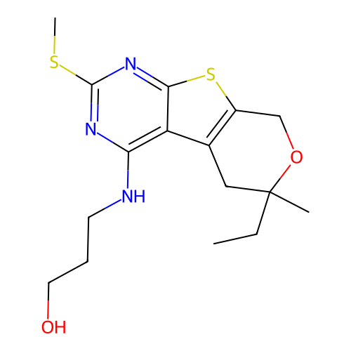 3-((6-ethyl-6-methyl-2-(methylthio)-6,8-dihydro-5H-pyrano[4',3':4,5]thieno[2,3-d]pyrimidin-4-yl)amino)propan-1-ol structure