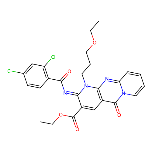 (Z)-ethyl 2-((2,4-dichlorobenzoyl)imino)-1-(3-ethoxypropyl)-5-oxo-2,5-dihydro-1H-dipyrido[1,2-a:2',3'-d]pyrimidine-3-carboxylate structure