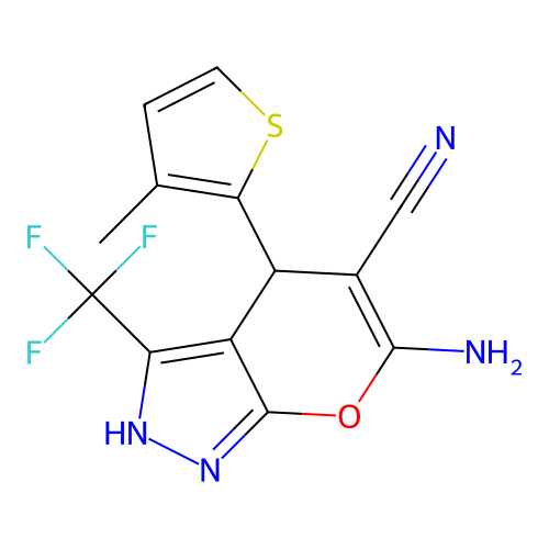 6-amino-4-(3-methylthiophen-2-yl)-3-(trifluoromethyl)-2,4-dihydropyrano[2,3-c]pyrazole-5-carbonitrile structure