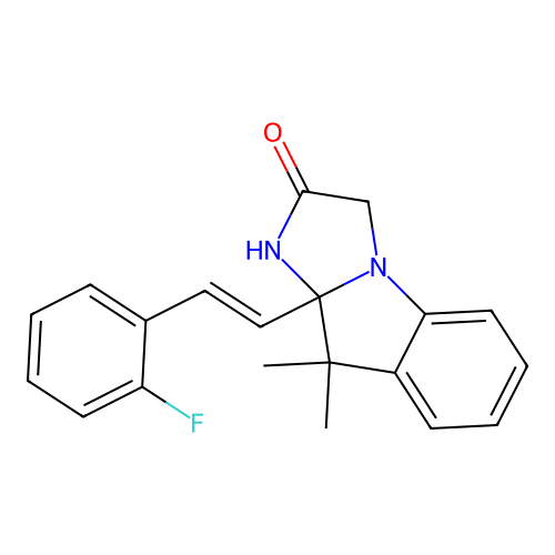 (E)-9a-(2-fluorostyryl)-9,9-dimethyl-9,9a-dihydro-1H-imidazo[1,2-a]indol-2(3H)-one structure