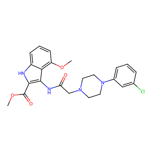 Methyl 3-[[2-[4-(3-chlorophenyl)piperazin-1-yl]acetyl]amino]-4-methoxy-1H-indole-2-carboxylate structure