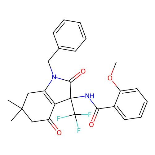 N-[1-benzyl-6,6-dimethyl-2,4-dioxo-3-(trifluoromethyl)-2,3,4,5,6,7-hexahydro-1H-indol-3-yl]-2-methoxybenzamide structure