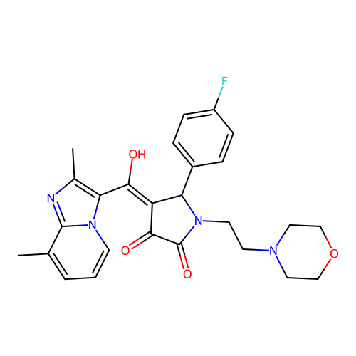 (4E)-4-[(2,8-dimethylimidazo[1,2-a]pyridin-3-yl)-hydroxymethylidene]-5-(4-fluorophenyl)-1-(2-morpholin-4-ylethyl)pyrrolidine-2,3-dione structure