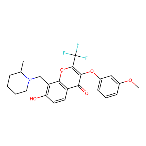 7-hydroxy-3-(3-methoxyphenoxy)-8-((2-methylpiperidin-1-yl)methyl)-2-(trifluoromethyl)-4H-chromen-4-one structure