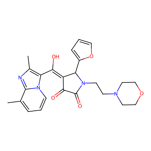 (4E)-4-[(2,8-dimethylimidazo[1,2-a]pyridin-3-yl)-hydroxymethylidene]-5-(furan-2-yl)-1-(2-morpholin-4-ylethyl)pyrrolidine-2,3-dione structure