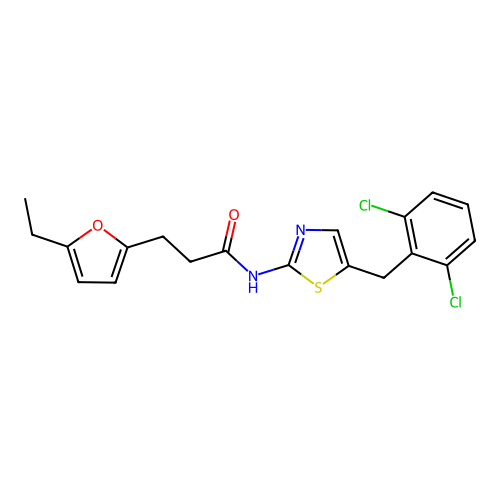 N-[5-(2,6-dichlorobenzyl)-1,3-thiazol-2-yl]-3-(5-ethylfuran-2-yl)propanamide structure