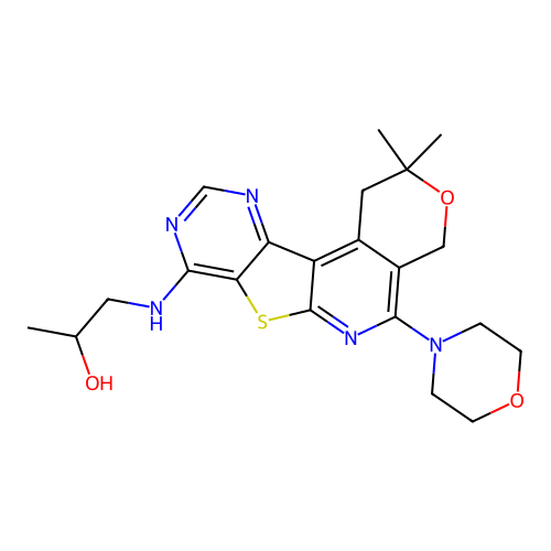 1-((2,2-dimethyl-5-morpholino-2,4-dihydro-1H-pyrano[4'',3'':4',5']pyrido[3',2':4,5]thieno[3,2-d]pyrimidin-8-yl)amino)propan-2-ol structure