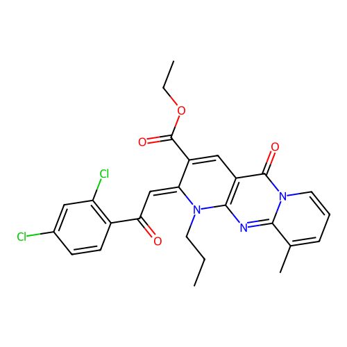 (Z)-ethyl 2-(2-(2,4-dichlorophenyl)-2-oxoethylidene)-10-methyl-5-oxo-1-propyl-2,5-dihydro-1H-dipyrido[1,2-a:2',3'-d]pyrimidine-3-carboxylate structure