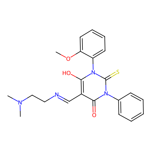 (5E)-5-({[2-(dimethylamino)ethyl]amino}methylidene)-1-(2-methoxyphenyl)-3-phenyl-2-thioxodihydropyrimidine-4,6(1H,5H)-dione structure