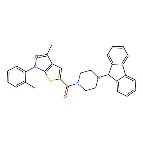 (4-(9H-fluoren-9-yl)piperazin-1-yl)(3-methyl-1-(o-tolyl)-1H-thieno[2,3-c]pyrazol-5-yl)methanone structure
