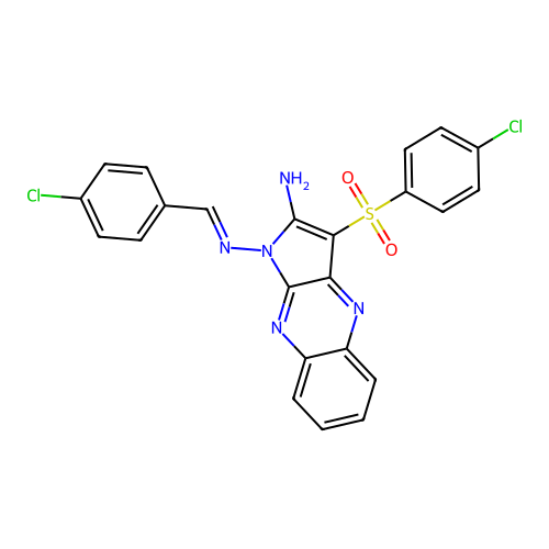 (E)-N1-(4-chlorobenzylidene)-3-((4-chlorophenyl)sulfonyl)-1H-pyrrolo[2,3-b]quinoxaline-1,2-diamine structure