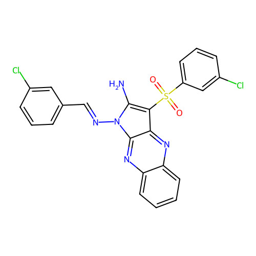 (E)-N1-(3-chlorobenzylidene)-3-((3-chlorophenyl)sulfonyl)-1H-pyrrolo[2,3-b]quinoxaline-1,2-diamine structure