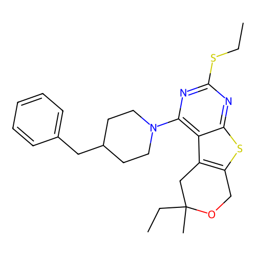 4-(4-benzylpiperidin-1-yl)-6-ethyl-2-(ethylsulfanyl)-6-methyl-5,8-dihydro-6H-pyrano[4',3':4,5]thieno[2,3-d]pyrimidine structure