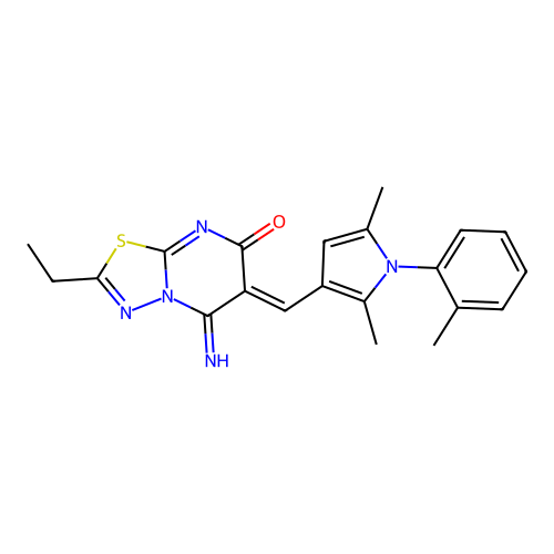 (6Z)-6-[[2,5-dimethyl-1-(2-methylphenyl)pyrrol-3-yl]methylidene]-2-ethyl-5-imino-[1,3,4]thiadiazolo[3,2-a]pyrimidin-7-one structure
