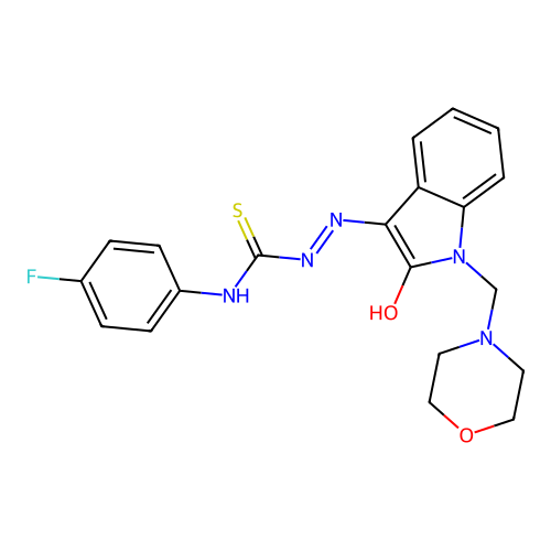 (2Z)-N-(4-fluorophenyl)-2-[1-(morpholin-4-ylmethyl)-2-oxo-1,2-dihydro-3H-indol-3-ylidene]hydrazinecarbothioamide structure