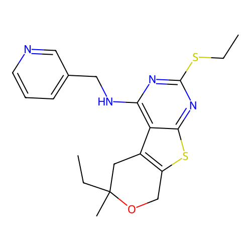 6-ethyl-2-(ethylsulfanyl)-6-methyl-N-(pyridin-3-ylmethyl)-5,8-dihydro-6H-pyrano[4',3':4,5]thieno[2,3-d]pyrimidin-4-amine structure