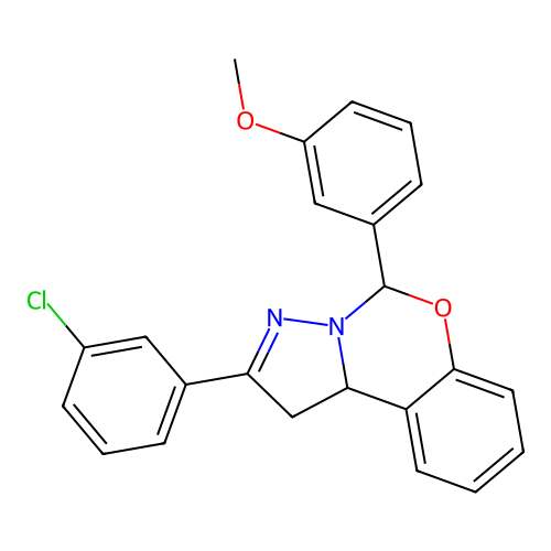 2-(3-chlorophenyl)-5-(3-methoxyphenyl)-1,10b-dihydropyrazolo[1,5-c][1,3]benzoxazine structure