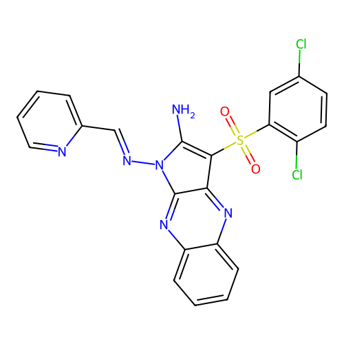 (E)-3-((2,5-dichlorophenyl)sulfonyl)-N1-(pyridin-2-ylmethylene)-1H-pyrrolo[2,3-b]quinoxaline-1,2-diamine structure