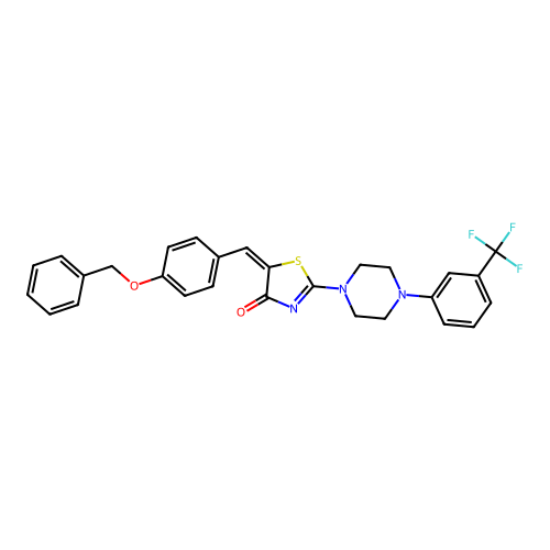 (5E)-5-[(4-phenylmethoxyphenyl)methylidene]-2-[4-[3-(trifluoromethyl)phenyl]piperazin-1-yl]-1,3-thiazol-4-one structure