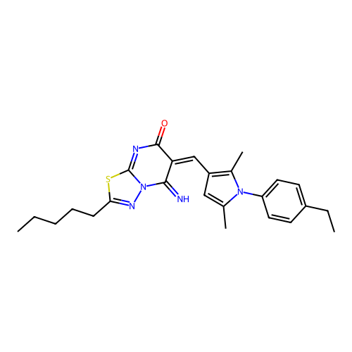 (E)-6-((1-(4-ethylphenyl)-2,5-dimethyl-1H-pyrrol-3-yl)methylene)-5-imino-2-pentyl-5H-[1,3,4]thiadiazolo[3,2-a]pyrimidin-7(6H)-one structure