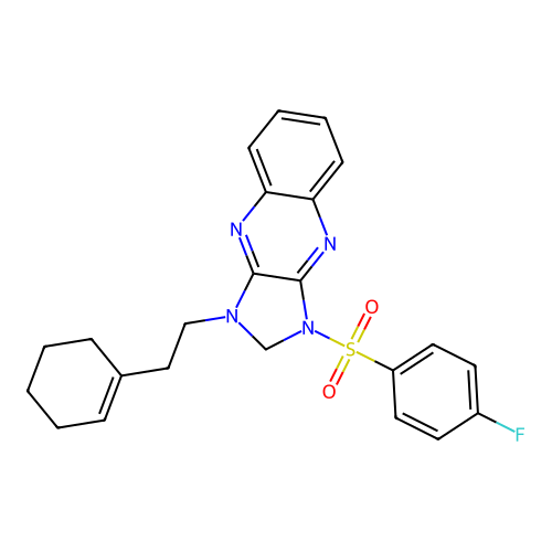 1-[2-(cyclohexen-1-yl)ethyl]-3-(4-fluorophenyl)sulfonyl-2H-imidazo[4,5-b]quinoxaline structure