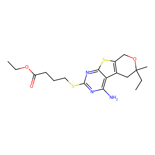 ethyl 4-((4-amino-6-ethyl-6-methyl-6,8-dihydro-5H-pyrano[4',3':4,5]thieno[2,3-d]pyrimidin-2-yl)thio)butanoate structure
