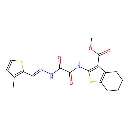(E)-methyl 2-(2-(2-((3-methylthiophen-2-yl)methylene)hydrazinyl)-2-oxoacetamido)-4,5,6,7-tetrahydrobenzo[b]thiophene-3-carboxylate structure