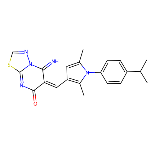 (E)-5-imino-6-((1-(4-isopropylphenyl)-2,5-dimethyl-1H-pyrrol-3-yl)methylene)-5H-[1,3,4]thiadiazolo[3,2-a]pyrimidin-7(6H)-one structure
