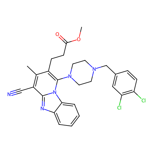 methyl 3-(1-{4-[(3,4-dichlorophenyl)methyl]piperazinyl}-4-cyano-3-methyl-10-hy dropyridino[1,2-a]benzimidazol-2-yl)propanoate structure