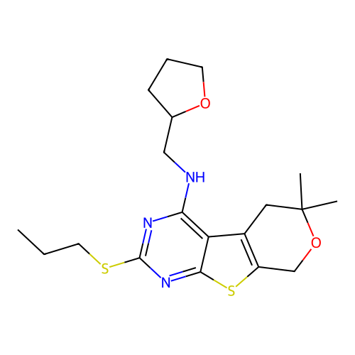 6,6-dimethyl-2-(propylsulfanyl)-N-(tetrahydrofuran-2-ylmethyl)-5,8-dihydro-6H-pyrano[4',3':4,5]thieno[2,3-d]pyrimidin-4-amine structure