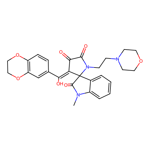 (4'E)-4'-[2,3-dihydro-1,4-benzodioxin-6-yl(hydroxy)methylidene]-1-methyl-1'-(2-morpholin-4-ylethyl)spiro[indole-3,5'-pyrrolidine]-2,2',3'-trione structure