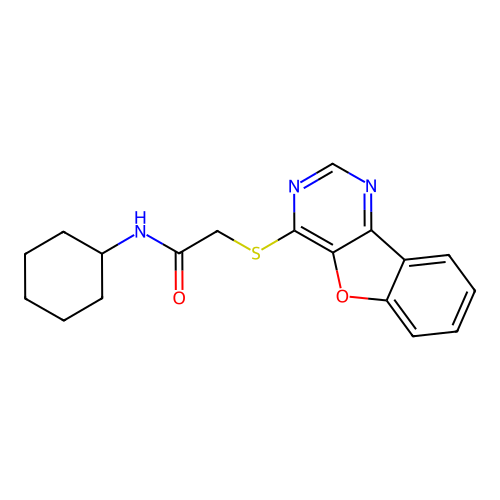 2-([1]benzofuro[3,2-d]pyrimidin-4-ylsulfanyl)-N-cyclohexylacetamide structure