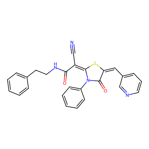 (E)-2-cyano-2-((E)-4-oxo-3-phenyl-5-(pyridin-3-ylmethylene)thiazolidin-2-ylidene)-N-phenethylacetamide structure