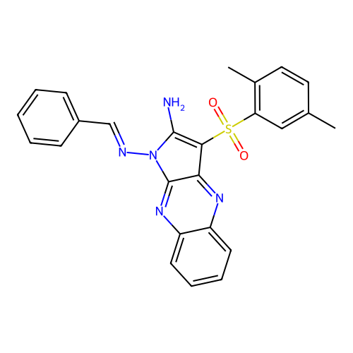 1-[(E)-benzylideneamino]-3-(2,5-dimethylphenyl)sulfonylpyrrolo[3,2-b]quinoxalin-2-amine structure