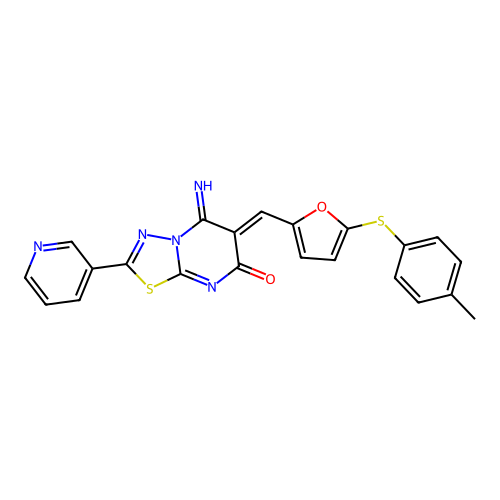 (6Z)-5-imino-6-({5-[(4-methylphenyl)sulfanyl]furan-2-yl}methylidene)-2-(pyridin-3-yl)-5,6-dihydro-7H-[1,3,4]thiadiazolo[3,2-a]pyrimidin-7-one structure