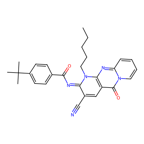 (E)-4-(tert-butyl)-N-(3-cyano-5-oxo-1-pentyl-1H-dipyrido[1,2-a:2',3'-d]pyrimidin-2(5H)-ylidene)benzamide structure