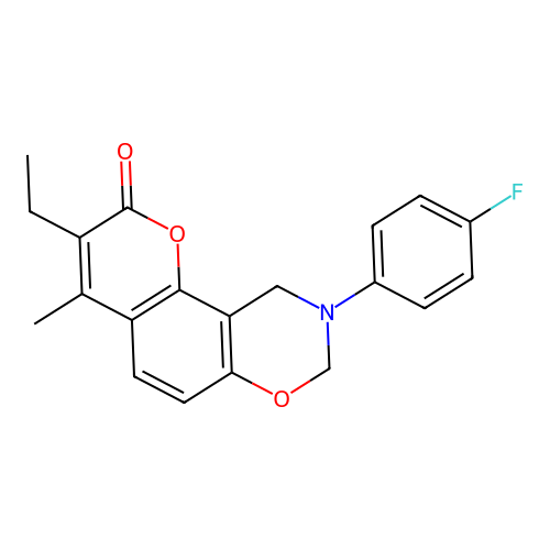 3-ethyl-9-(4-fluorophenyl)-4-methyl-9,10-dihydro-2H,8H-chromeno[8,7-e][1,3]oxazin-2-one structure