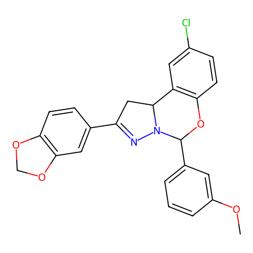 2-(1,3-benzodioxol-5-yl)-9-chloro-5-(3-methoxyphenyl)-1,10b-dihydropyrazolo[1,5-c][1,3]benzoxazine structure