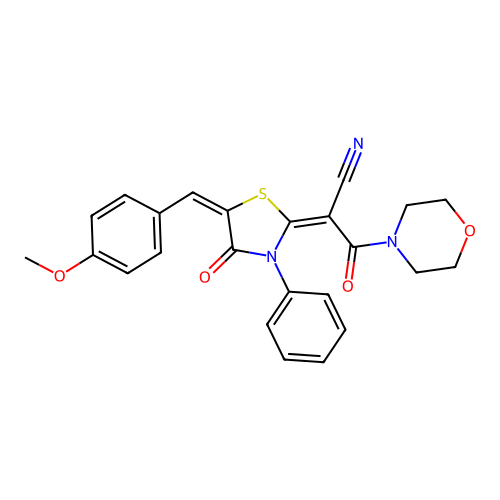 (2E)-2-[(5E)-5-(4-methoxybenzylidene)-4-oxo-3-phenyl-1,3-thiazolidin-2-ylidene]-3-(morpholin-4-yl)-3-oxopropanenitrile structure