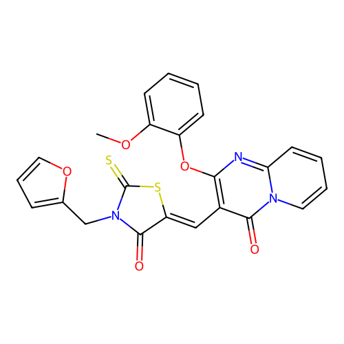 3-{(Z)-[3-(furan-2-ylmethyl)-4-oxo-2-thioxo-1,3-thiazolidin-5-ylidene]methyl}-2-(2-methoxyphenoxy)-4H-pyrido[1,2-a]pyrimidin-4-one structure