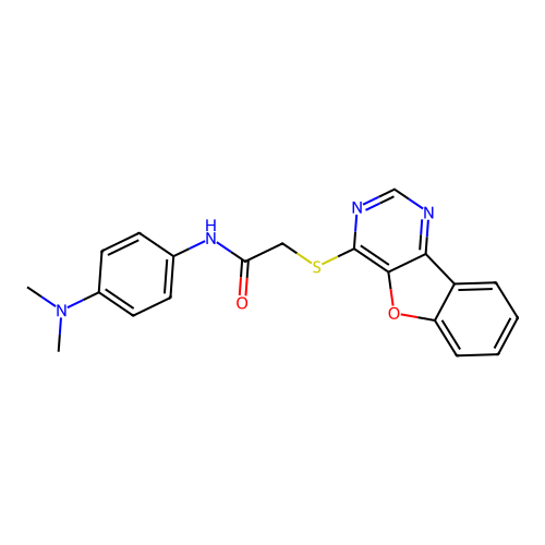 2-([1]benzofuro[3,2-d]pyrimidin-4-ylsulfanyl)-N-(4-dimethylaminophenyl)acetamide structure