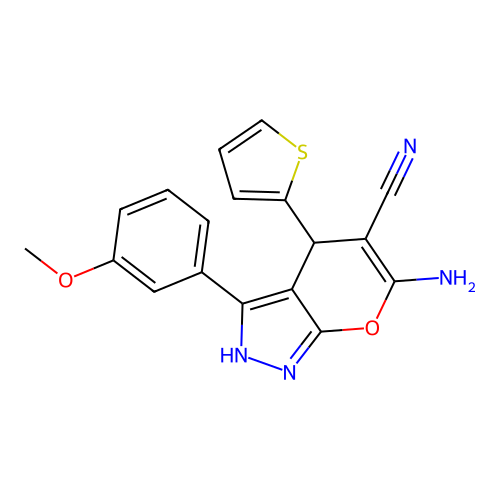 6-amino-3-(3-methoxyphenyl)-4-(thiophen-2-yl)-1,4-dihydropyrano[2,3-c]pyrazole-5-carbonitrile structure